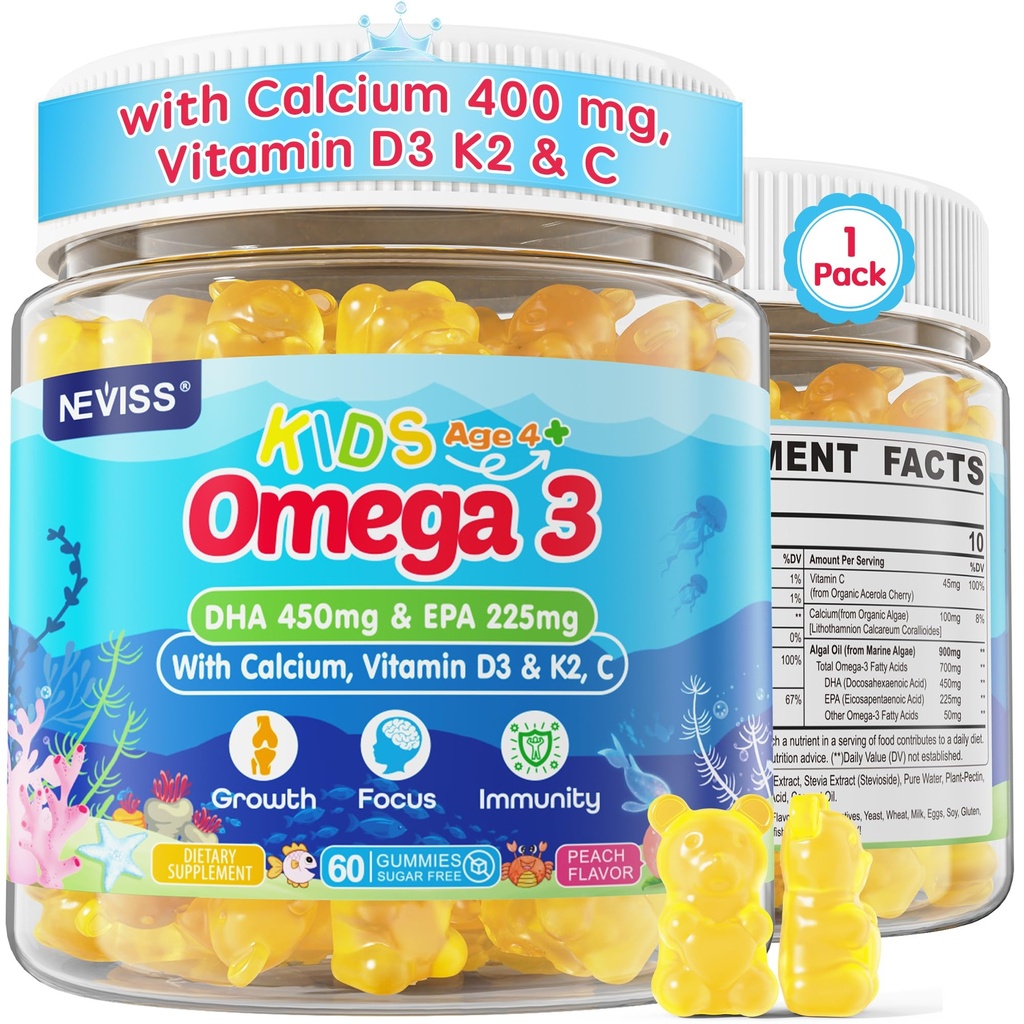 Děti Omega 3 Gummies + vápník 400mg + vitamin D3 K2 + C, Omega33 DHA & EPA dodatek - žádné rybí krky, žádný cukr - Děti a dospívající Ombica 3 + Multivitamin Gummy pro silné kosti, mozek, imunitní, oko, 60Cts