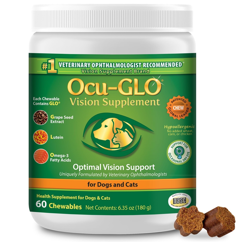 Ocu-GLO Cat & Dog Senior doplněk pro oční podporu - Žvýkací Vize Vitamíny Doplňky pro velké a malé Péče o zvířata s Luteinem, Omega-3 mastné kyseliny, Grape Seed Extract & Antioxidants