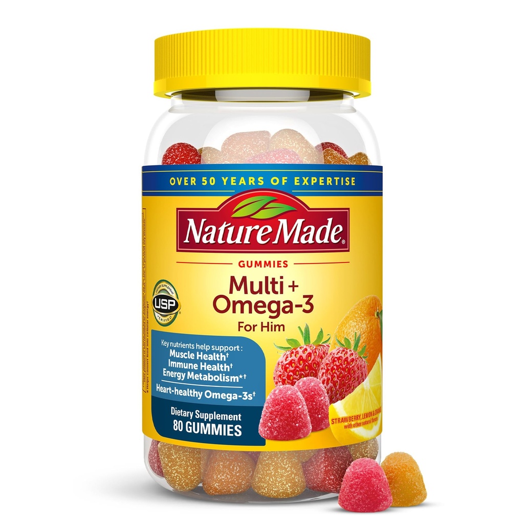 Příroda Mens Multivitaminové žvýkačky s Omega33, Mens Gummy Multivitamins pro denní nutriční podporu, 80 Gummy Vitamíny a minerály, 40 denní dodávky