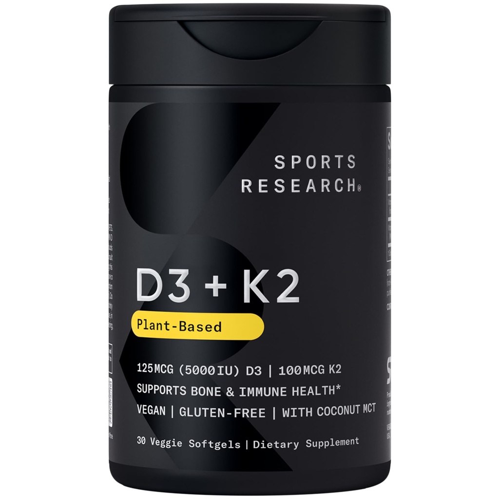 Sportovní výzkum Vegan vitamin D3 + K2 dodatek s organickým kokosovým olejem - 5000iu Vitamin D se 100mcg Mk7 Vitamin K - Podporuje vápník pro silnější kosti a imunitní zdraví - 30 Softgels pro dospělé