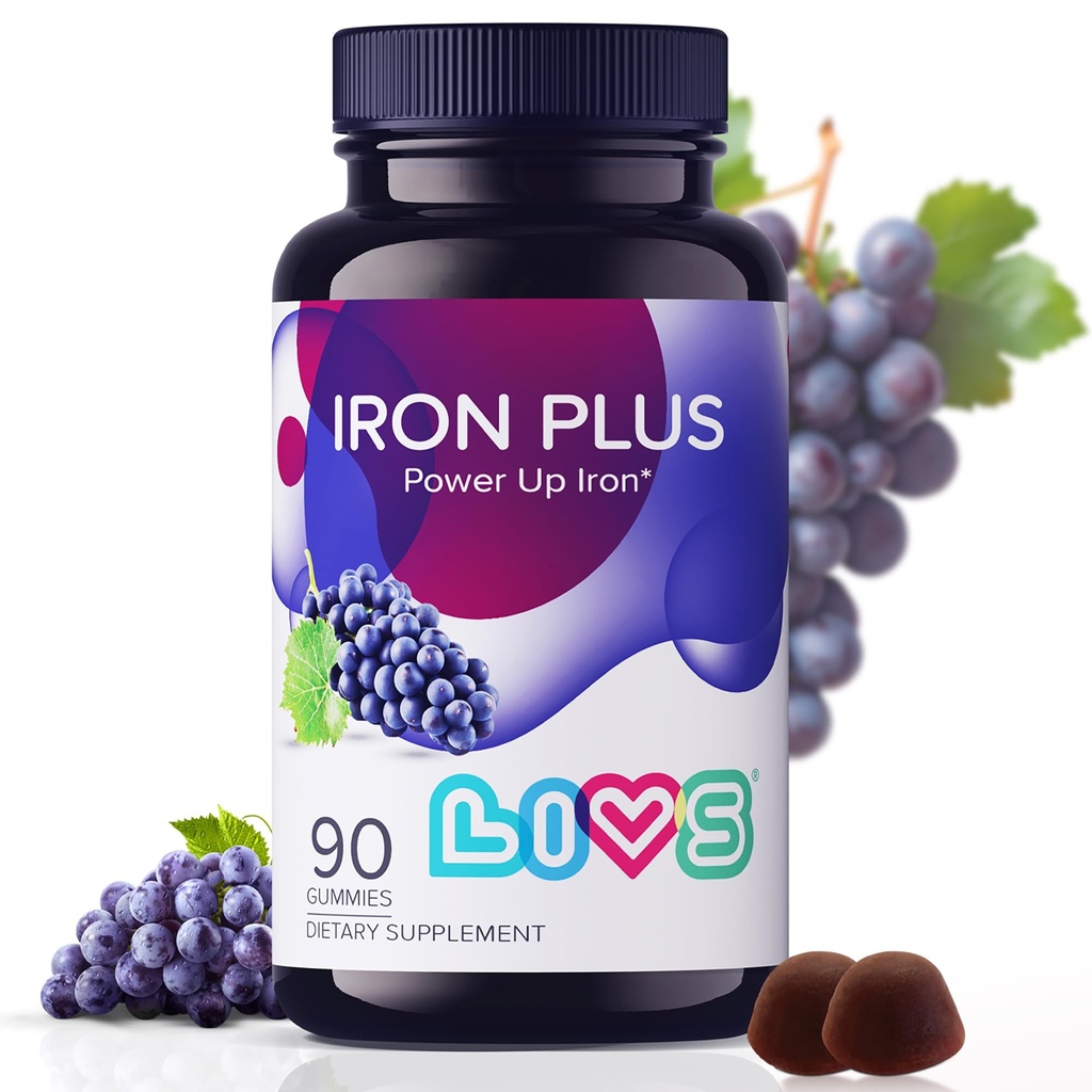 LiVS doplněk železa pro ženy a muže s vitamínem C, A, B3, B5, B6, B12, Biotin, zinek a foláty 124; Non- GMO, gluten zdarma Žvýkací dodatek jako Gumma pro energetickou podporu a anemii - - 90 Počet