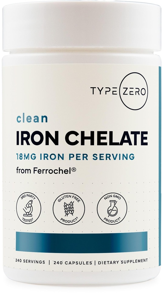Typ Nulové Chelate tobolky (18 MG, 240 CAPS) z Ferrochel Ferrous Bisglycinate Chelate - Non- GMO a gluten bez