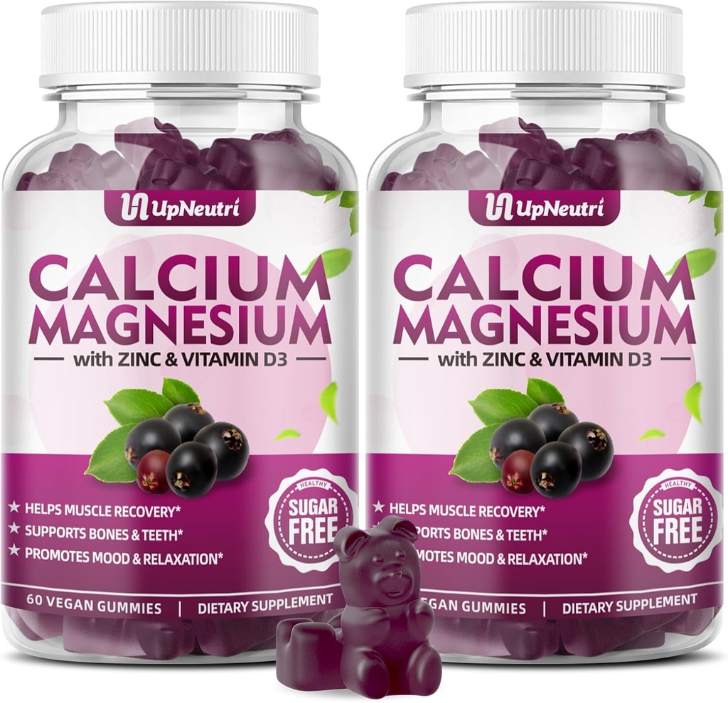 Vápník hořčík zinek s vitaminem D3 dodatek, Cukr bez vápníku gumy pro ženy muže, vysoká absorpce zinkové gumy pro kosti a svalovina a imunitní zdraví, Vegan Elderberry Flavor - 120 Počet