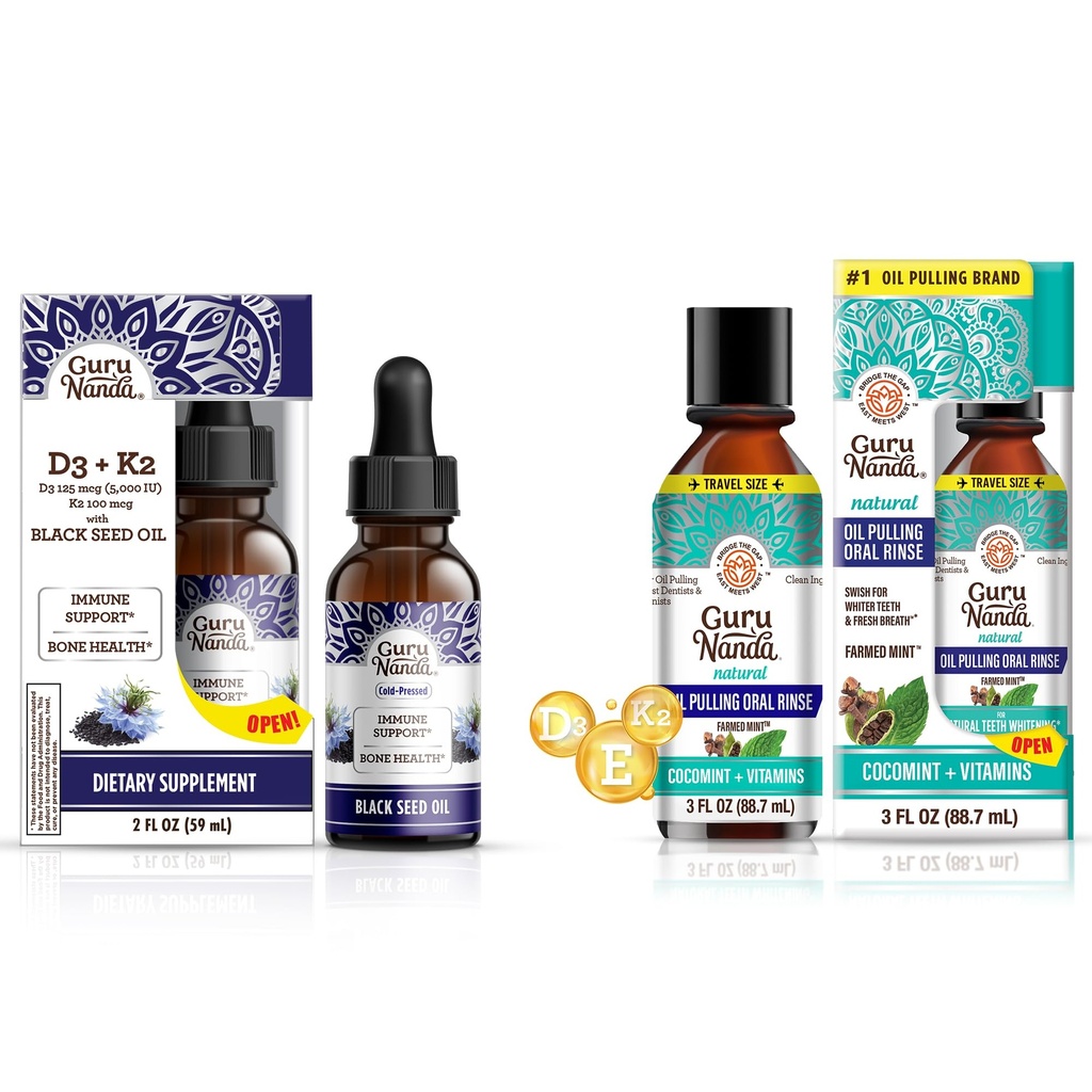 Gurunanda Black Seed Oil 5000 IU Vitamin D3, K2 & E + Kokosový olej Tahání s esenciální oleje Vitamin D3, E, K2 pro imunitní podporu, Oral Hygiene