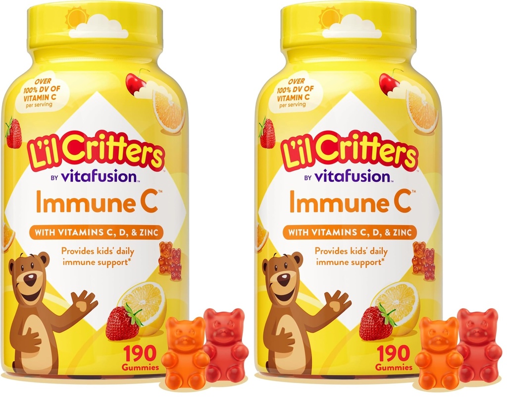 L 'il Critters Imunitní C Denní Gummy doplněk vitamin pro děti, pro vitamín C, D a zinek pro imunitní podporu, pomerančové, citronové a třešňové příchutě, 190 gumové (balení po 2)