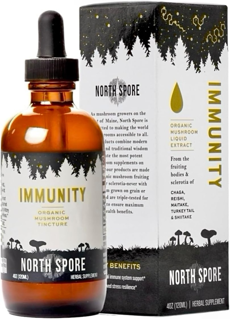 Severní Spore Organic Imunity Houba tinktura (4 oz) 124; 100% Fruiting Body Extracts CU124; Chaga, Turecko Tail, Reishi, Maitake, Shiitake CU124; Certified Organic, Vegan, Non- GMO CU124; Adaptogenic, Made in USA