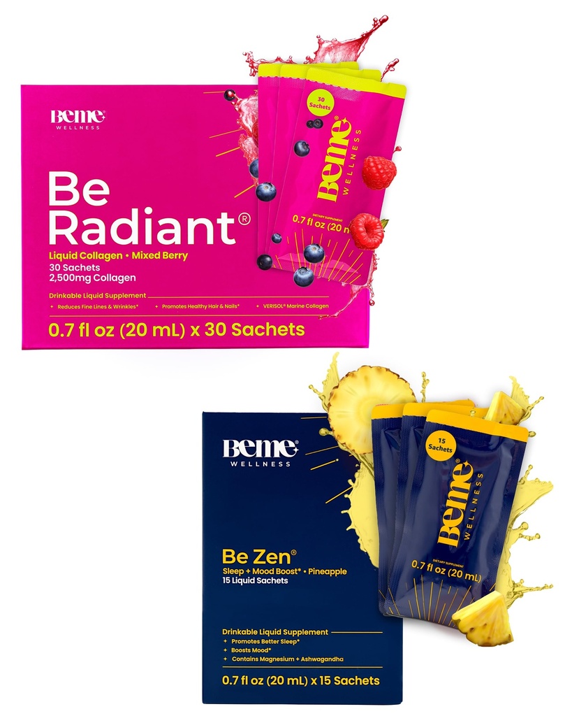 BeMe Beradiant Berry & BeZen Bundle - tekutý kolagen a magnesium Glycinát L- theanine doplňky