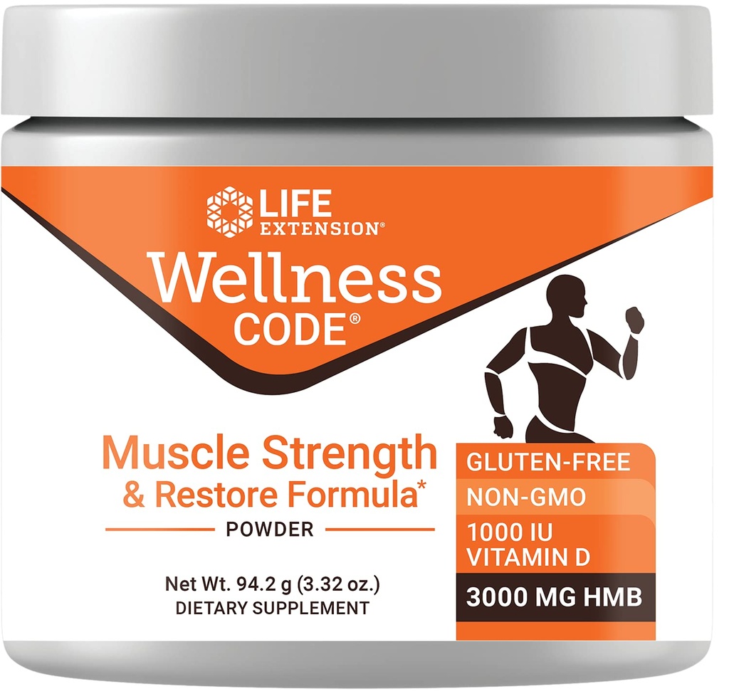 Life Extension Wellness Code ® Svalová síla & Obnovit Formule, Vitamin D3, ß-Hydroxy-ß-Methylbutyrát Monohydrát (HMB), Muscle Health, Gluten Free, Non- GMO, 94.2 g