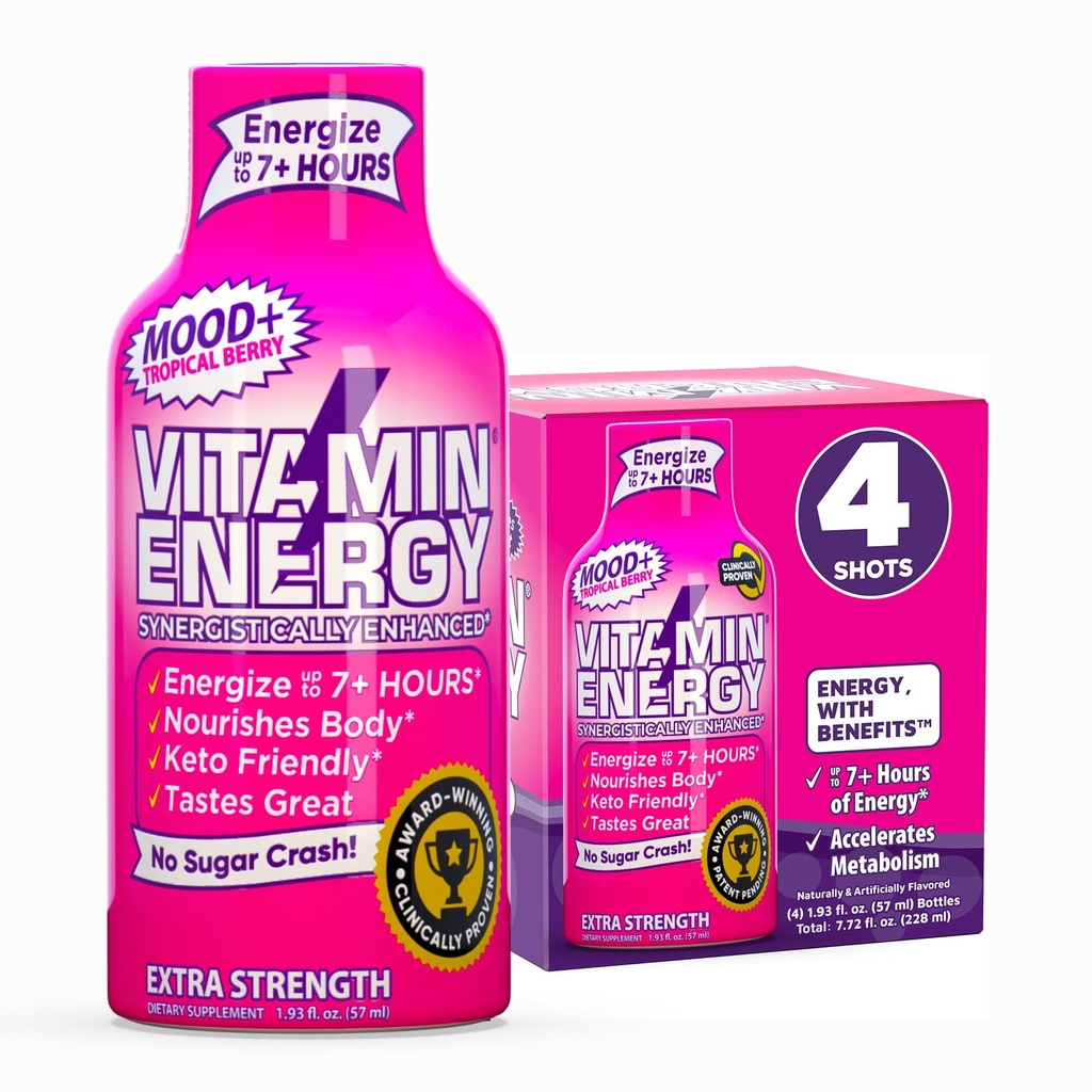 Vitamin Energy Mood + Extra Energy Shot Tropical Berry 4 Pack, 260mg přírodní kofein, B-Vitamíny, Rhodiola, Heřmánek, Mood & Energy Support, Nulový cukr, gluten- Free, Vegan, 1.93 fl oz