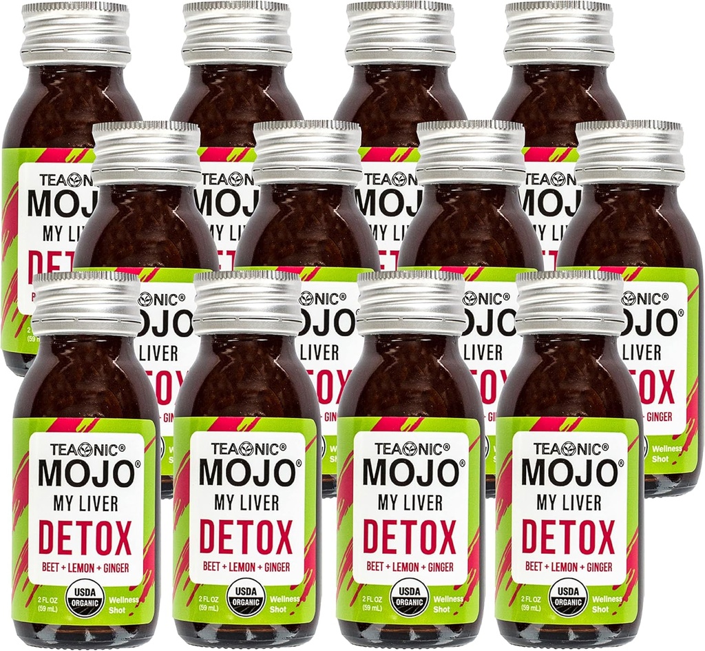 TEAONIC Moje Játra Mojo: Detox, Wellness Mojo Panáky s Black Pepper, Beet, a Lemon Juice, USDA- Certified, Caffeine Free, gluten- Free, 2 Fl. Oz každý, Pack of 12