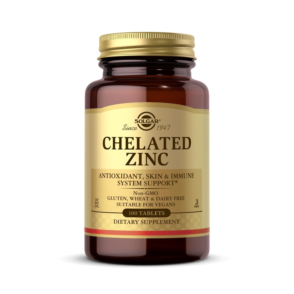 Solgar Chelated Zinek, 100 tablet - Zink pro zdravou pleť - Podporuje růst buněk a tvorbu DNA - Exerts Antioxidant Activity - Podporuje zdravý imunitní systém - non GMO, gluten zdarma - 100 Služeb