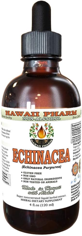 Echinacea Alcohol- Free Liquid Extract, Organic Echinacea (Echinacea Purpurea) Sušený Herb Glycerite Hawaii Pharm Natural Bylinný doplněk 4 oz