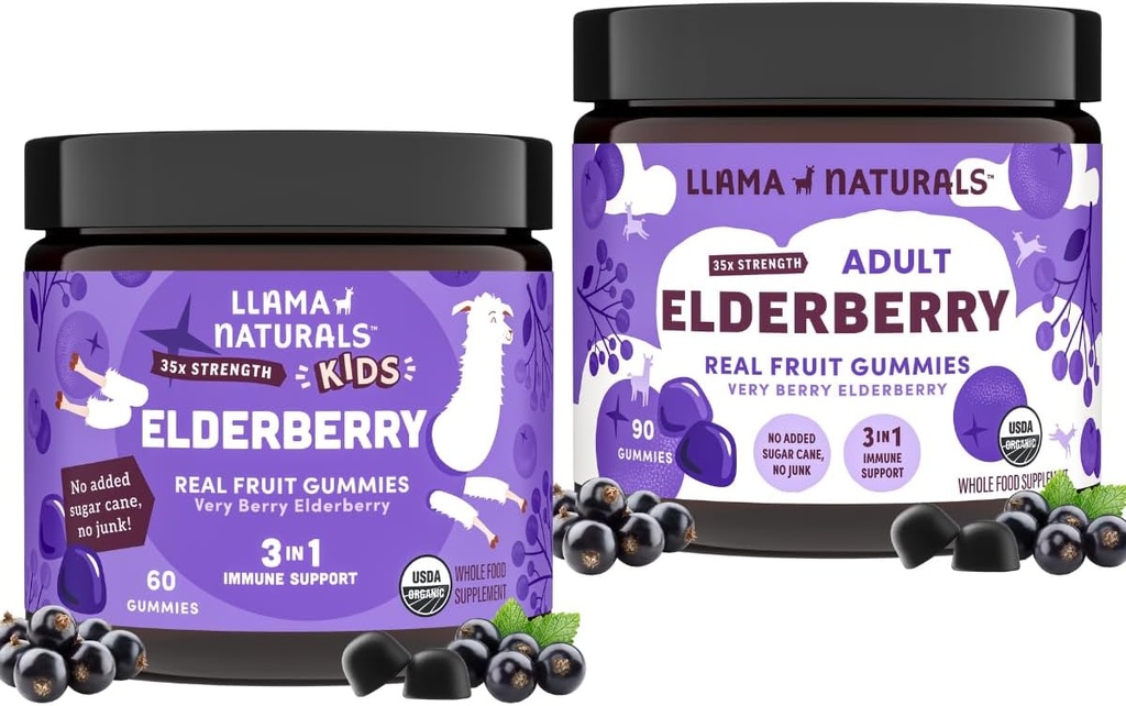 Llama Naturals Real Fruit Sambucus Elderberry Gummies for Kids & Dospělí 124; No Add Sugar Cane, Vegan, Organic Imunitary Support C124; Zinek a přírodní vitamin C C124; Plant- based, Žvýkací gumy pro celý Fa