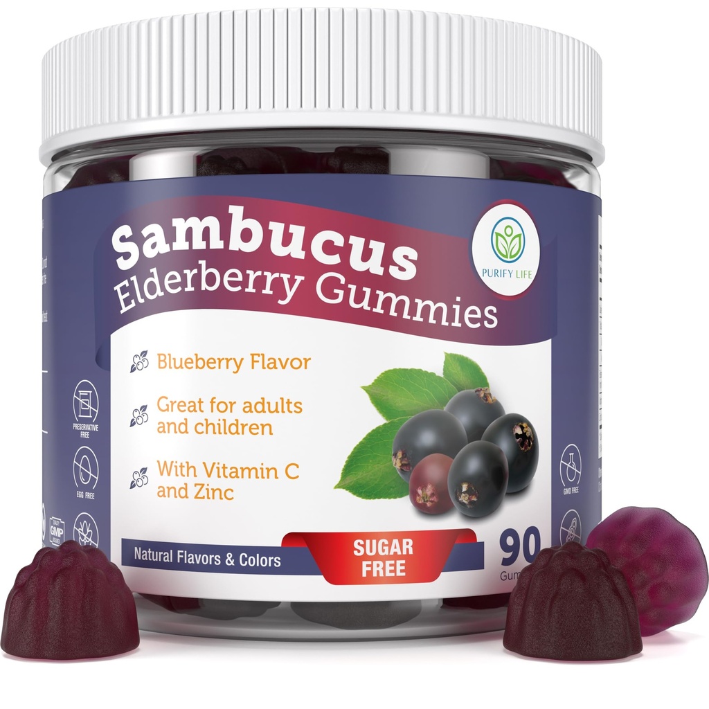 Očistěte život Sugar- Volný Elderberry gumy s vitamínem C & zinek pro dospělé a děti, Imunitní podpora doplněk pro zdraví dýchacích, Sambucus Elderberry Antioxidant Gummies - Vegan, 90 Počet