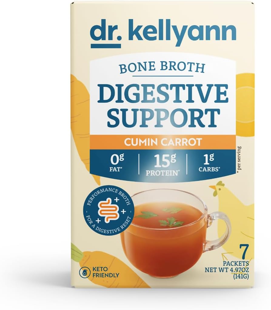 Dr. Kellyann Bone Broth + Digestive Support Kolagen Powder Packets (7 Servings, 1 Box), 16g Protein / Serving, 100% Grass- Fed Hydrolyzed Kolagen Powder, Keto & Paleo Friendly - Cumin Carrot