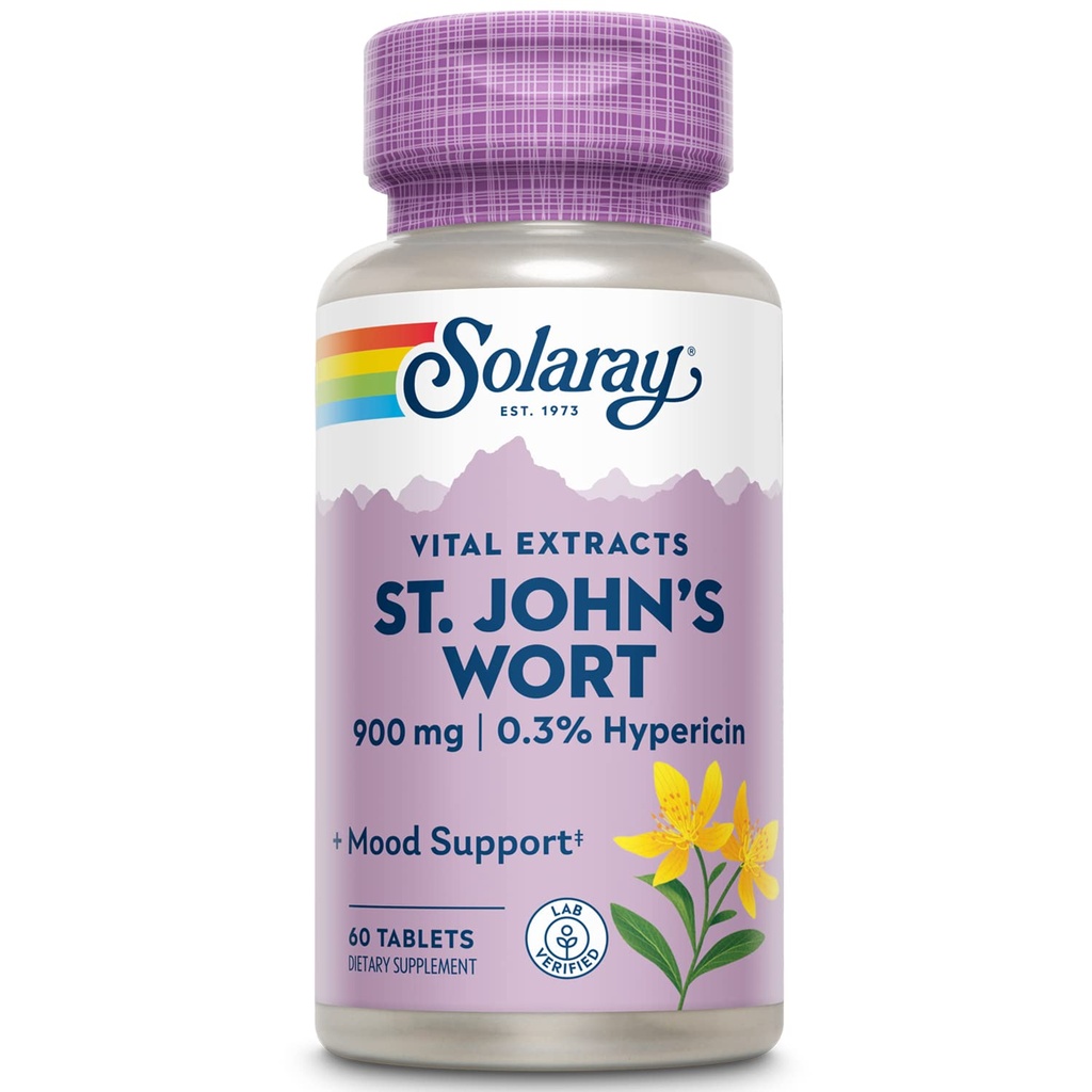 SOLARAY St. Johns Wort Aerial Extract One Daily 900mg, Standardizované w / 0,3% Hypericin pro podporu stability a zdraví mozku, Non- GMO CLAS124; 60 Servings CLAS124; 60 Tablet