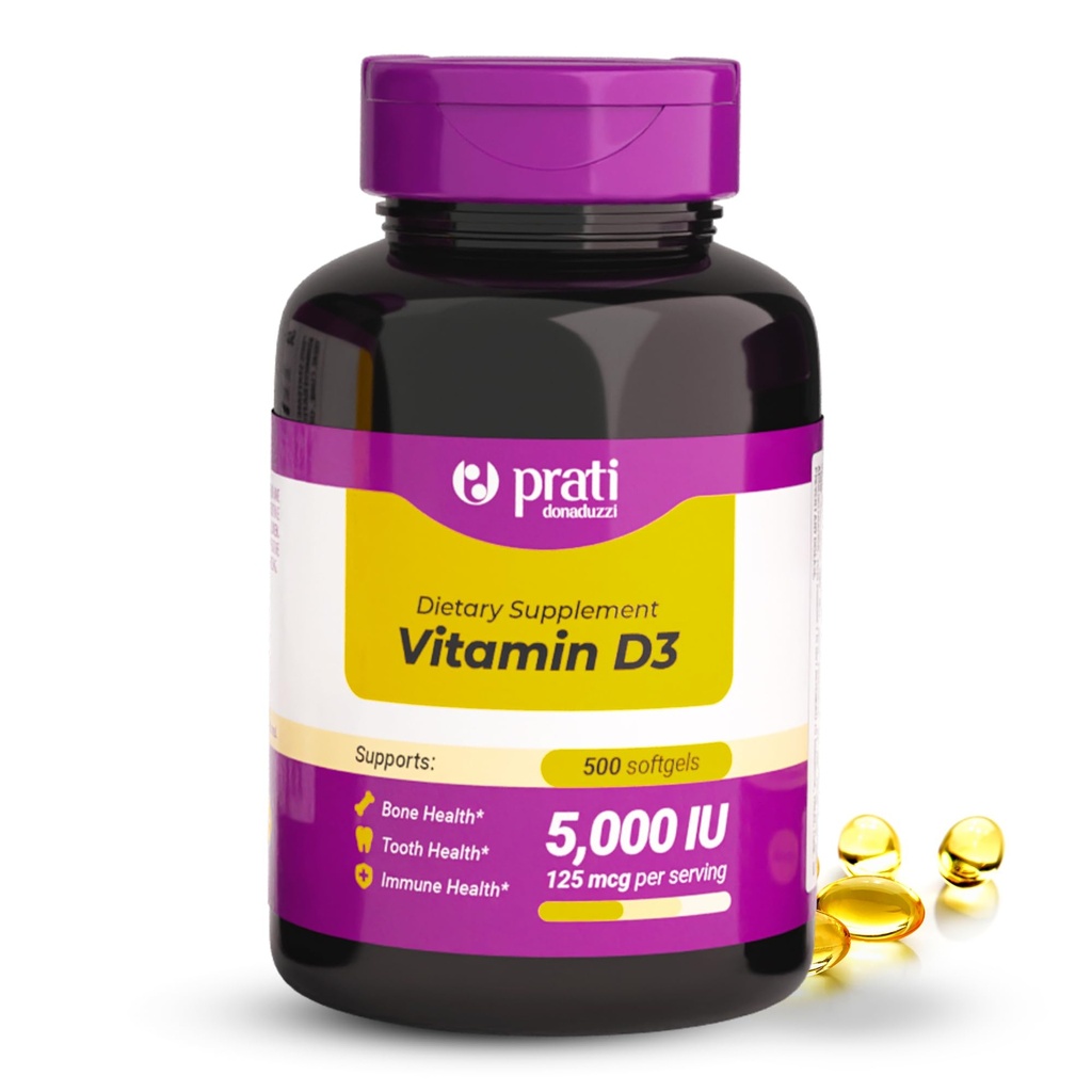 Vitamin D3 5000 IU - 500 Softgels - Podporuje obranný systém, zdraví kostí a svalů - Rodinná velikost
