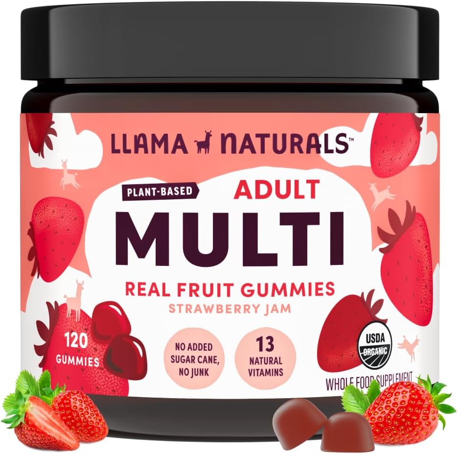 Llama Naturals Multivitamin pro ženy a muže, Vegan, Organic Gummies with Vitamin D, C & K, Dospělí Real Fruit Gummy Vitamíny, Žvýkací Multivitamin Dodatek, No Added Sugar Cane, Jahoda, 120 Ct