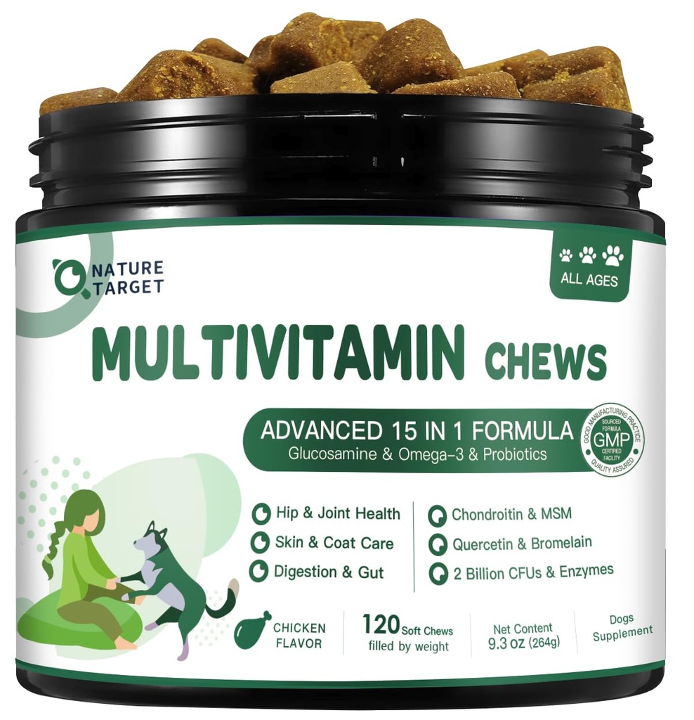 NATURE TARGET Multivitamin pro psy - s MSM & Glucosamine, Omegas 3 & 6, Probiotika pro stravitelné zdraví, společná podpora, kůže & Coat, imunitní systém a celkové zdraví 120 měkkých žvýkaček