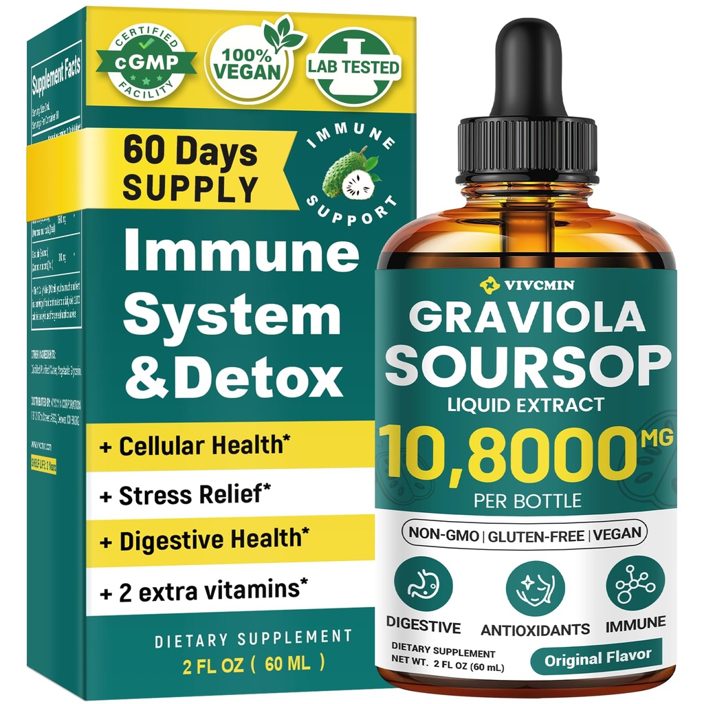 Graviola Soursop Leaf Extract Liquid - Soursop Bitters Liquid, Support Imunity, Relax, Játra a Spánek 124; Non- GMO, Cukr & gluten Free, Original Flavor, 2 Fl Oz