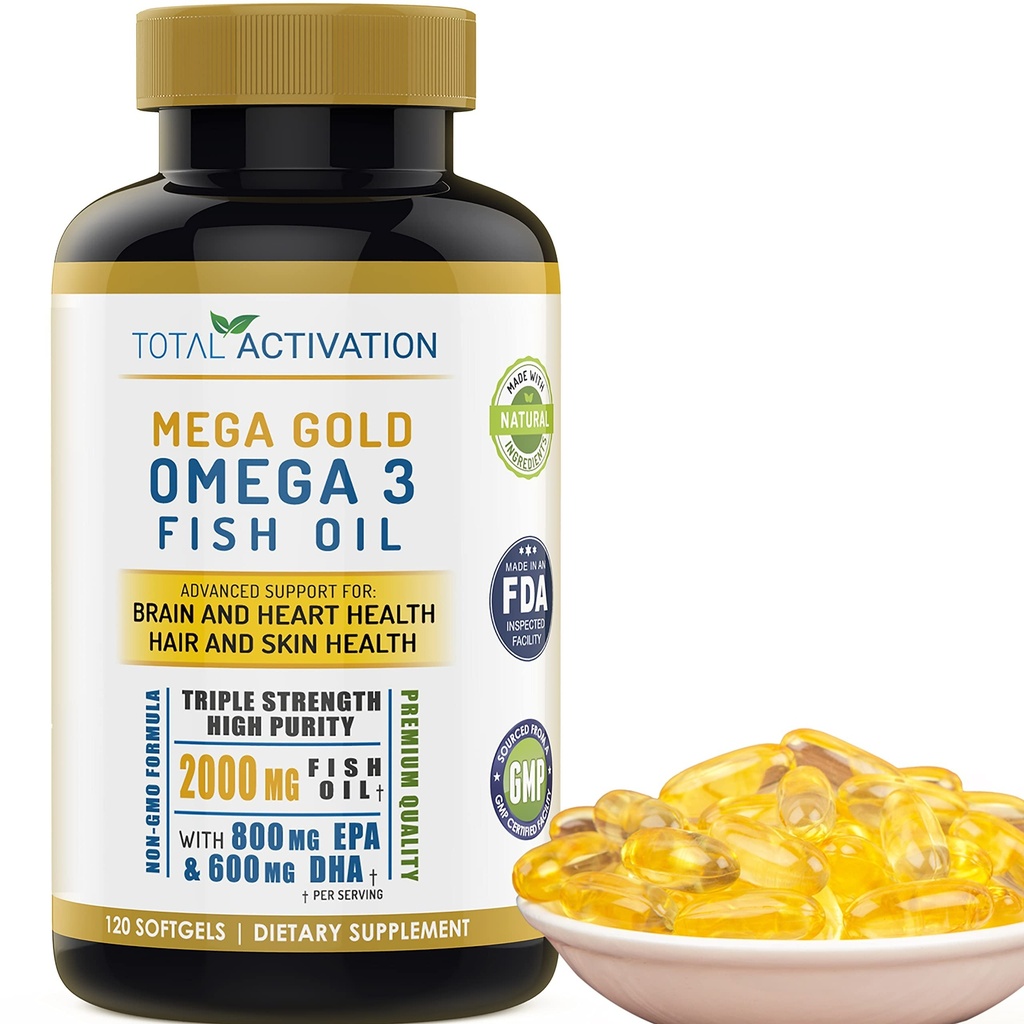 Omega 3 doplněk k rybím oleji - 2000mg s EPA DHA & Vitamin E - bezproblémová, Triple Strength Support for men & Women - 120 Easy Swallow Softgels