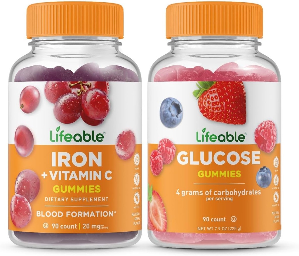 Živé železo s vitaminem C + Glukóza, Gummies Bundle - Great Ochutnávání, Vitamin dodatek, Lepek zdarma, GMO zdarma, Žvýkací žlab