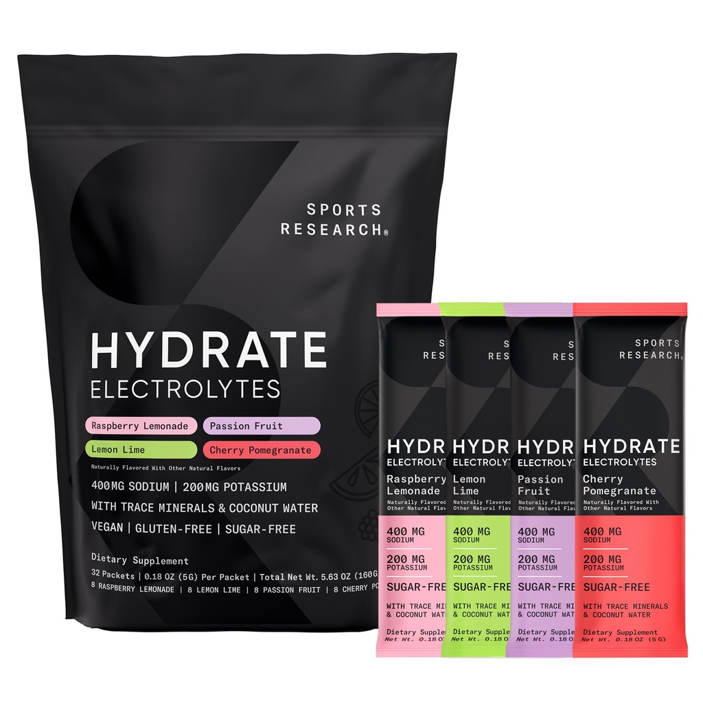 Sports Research ® Hydrate Electrolytes Powder Packets - Sugar- Free & Přirozeně ochucené vitamíny, minerály, a kokosové vody - Podporuje hydrataci - 32 Packets - Variety Pack