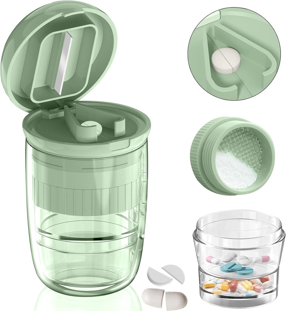 Pill Cutter Splitter s Dipenser, Pill Cutter pro malé nebo velké pilulky, rozdrtí pilulky, Vitamíny, Tablety, nerezová ocel čepel, odstranitelné pitný pohár (Green-1)