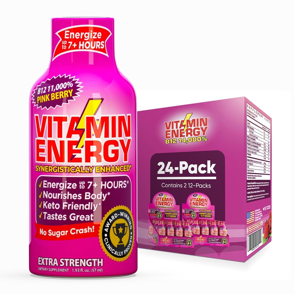 Vitamin Energy B12 11,000% Extra Síla Energy Shot Pink Berry 24 Pack, 260mg přírodní kofein, B12 & B6, nootropic Focus, Vitalita, Nulový cukr, gluten- Free, Vegan, Kosher, 1.93 fl oz