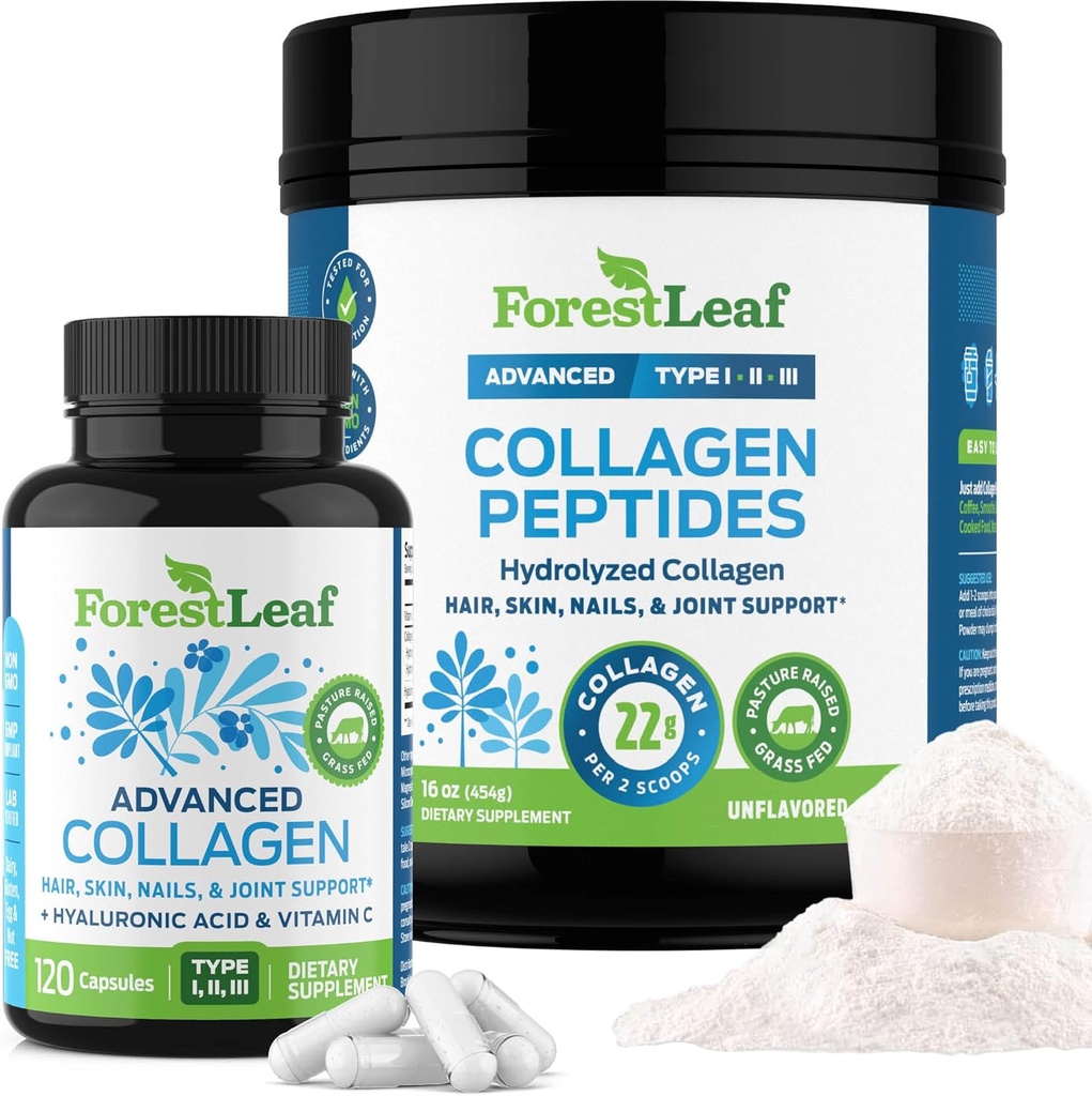 ForestLeaf kolagen doplňky Bundle - 2- in-1 Hydrolyzované kolagen Peptidy prášek a kolagen pilulky - Tráva Fed hovězí kolagen pro ženy a kolagen pro muže