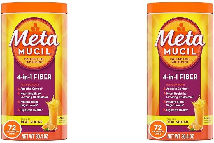 Metamucil Fiber, 4-in-1 Psylium Fiber Supplement Powder with Real Sugar, Orange Smooth Flaused Drink, 72 Doručování (Balení květen Vary), Drsná textura, 1.9 Pound (Balení po 2)