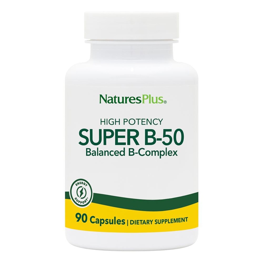 Natures Plus Super B50-90 Vegetariánské kapsle - Vysoká potence B Komplex vitaminu Doplatek - Brain & Energy Booster - Gluten- Free - 90 Služeb