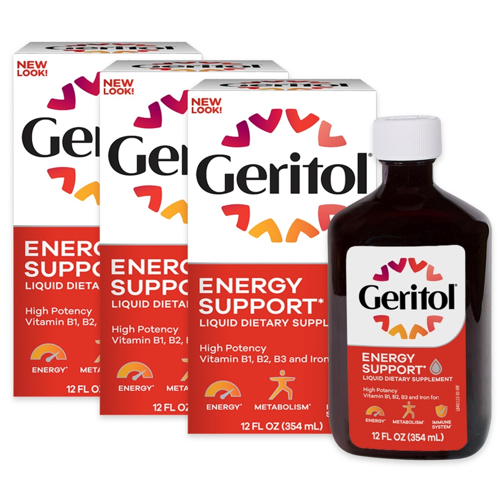 Geritol tekutý vitamín a doplňk železa, Energetická podpora, Obsahuje vysoké potence B-vitaminy a železo, Příjemné Ochutnávání, Snadno polykat, Žádné umělé sladkosti, Non- GMO, 12 Oz, 3 Pack