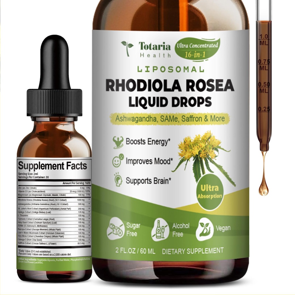 Totaria 16- in-1 Liposomal Rhoddiola Rosea Tincture, Ultra Strength Rhoddiola Supplement w / Ashwagandha, Saffron, Magnesium, SAM- e, Rhoddiola Rosea Extract Liquid Drops for Natural Relaxation, Mood, Energy