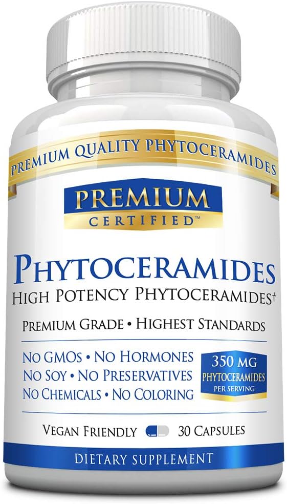 Phytoceramidy 350mg ze 100% pšenice - vitamin A, C, E a D3 - Reverse Aging Skin, obnovení vlhkosti a opravy kůže - 100% čisté přírodní - 30 Kapsle - Vegan Friendly