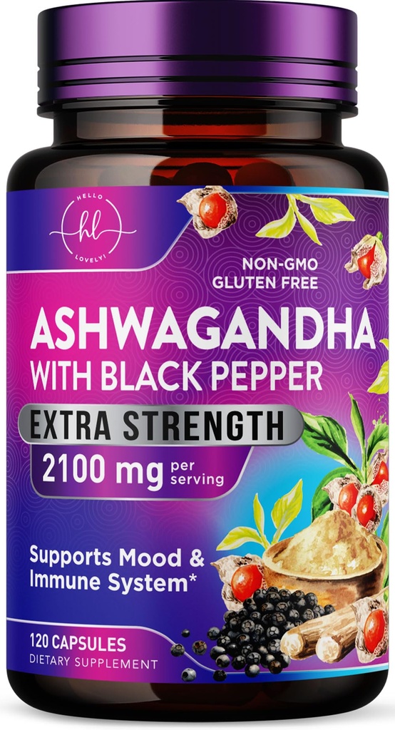 Ashwagandha 2,100 mg - Ashwagandha doplňky pro ženy ve Veggie Kapsle s práškem & kořenový extrakt, Black Pepper pro vysokou absorpci, rostlinné, Non- GMO, Lahve v USA - 120 Veggie Kapsle