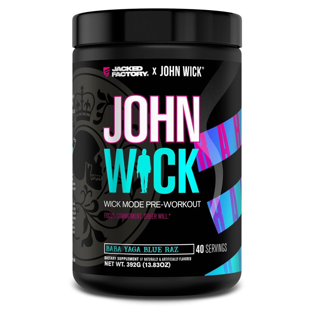 Jacked Factory X John Wick - Wick Mode Pre Workout Powder - Intenzivní energie, Battle-Ready Focus, nezastavitelný závazek, a Sheer Will - 40 Služeb, Baba Yaga Blue Raz