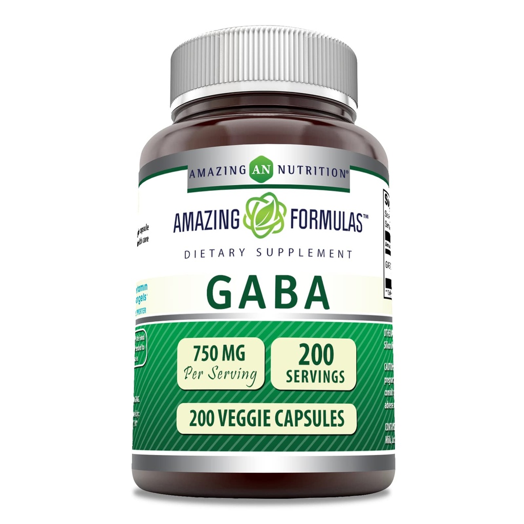 Amazing Applicas GABA 750mg Per Serving Veggie Capsules Dodatek 124; Non-GMO CLANE124; Gluten Free CLANE124; Made in USA CLANE124; Ideální pro vegetariány (200 Počet)