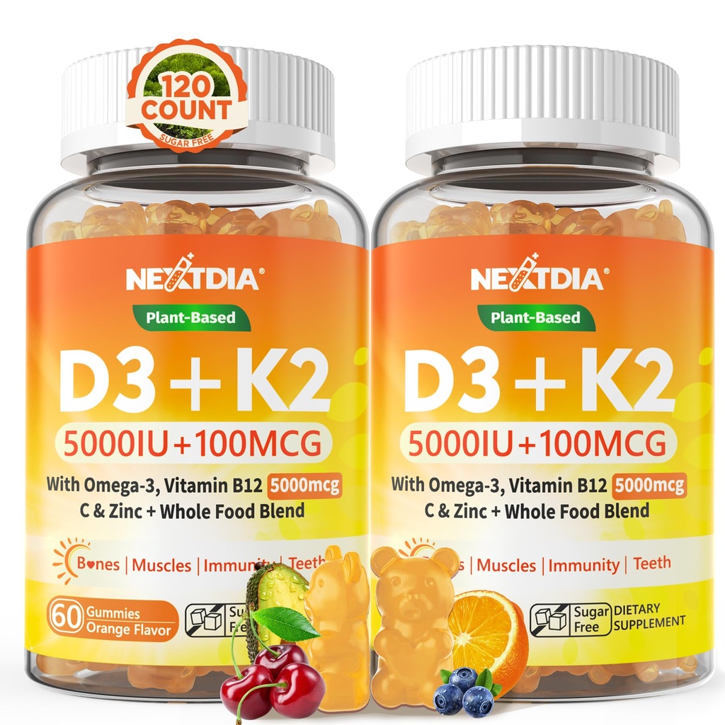 Vitamin D3 K2 Gummies 5000IU / 10 000 IU s Omega-3 250mg + K2 (MK-7) 100mcg - 5X Absorpce Than Standard D3K2, s vitaminem C, zinkem a 5 organickou zeleninou, podporuje sílu kostí a zubů, imunitní