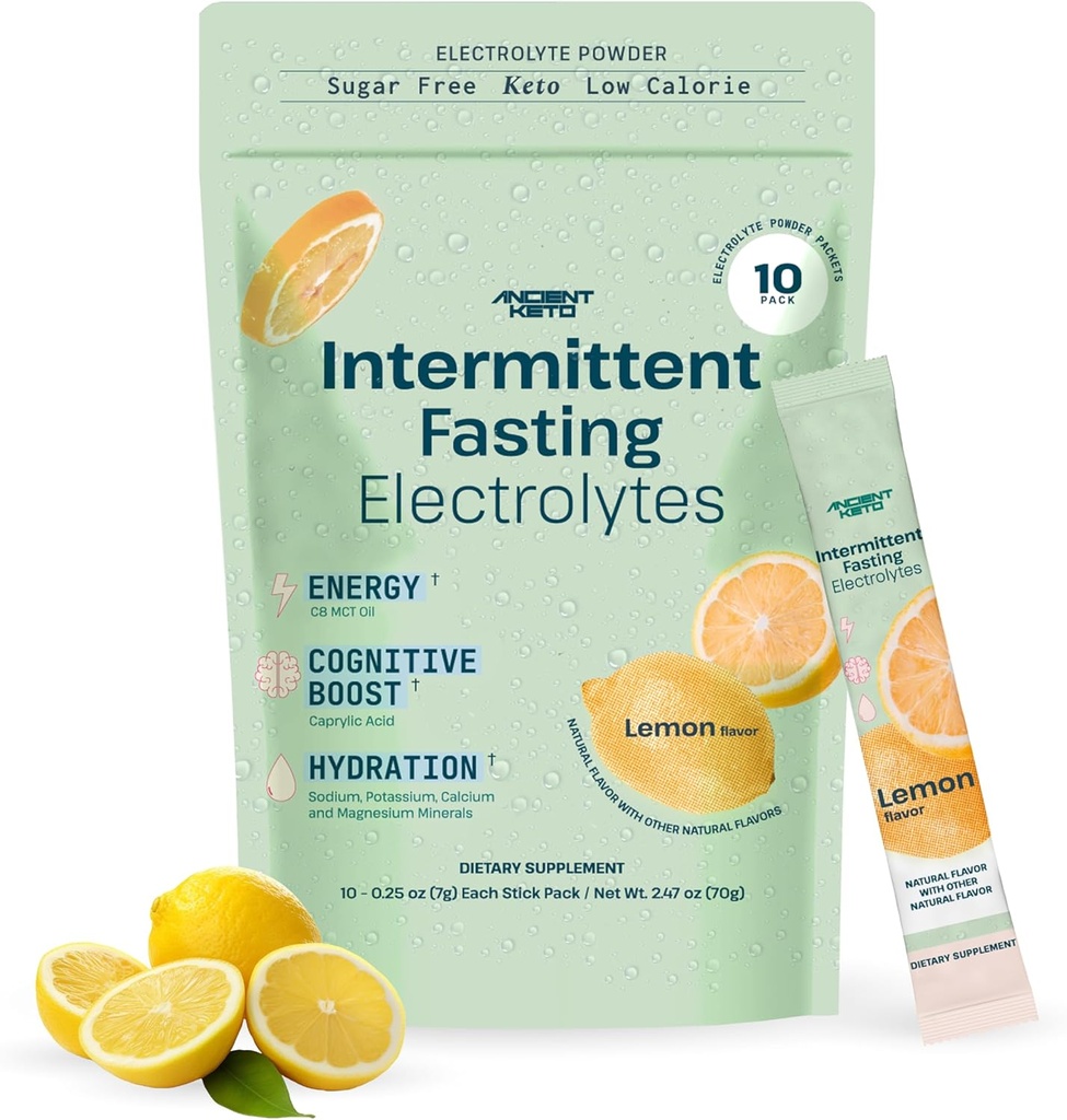 Starověké Keto štěpné elektrolyty - Sugar- Free Electrolyte Powder for Intermitent Fasting - Podporuje kognitivní, energetické a hybridní 124; 10 Packets