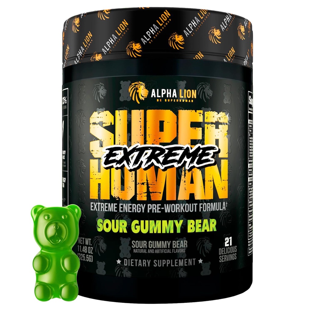 ALPHA LION Superhuman Extreme High Stim Pre Workout Powder, Beta Alanin, L- Taurin & 356mg Tri- Source Caffeine for Setrvalá energie, Oxid dusičný & Citrulline for Pump (21 Servings, Sour Gummy Bear)