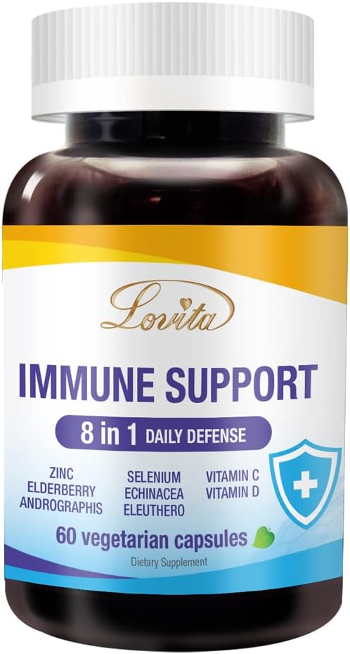 Lovita imunitní podpora 8 v 1, Elderberry se zinem a vitamínem C, Vitamin D, Selen & Echinacea, Andrographis, Sibiřský ženšen - Imunitní Booster dodatek, 60 Vegetariánské kapsle