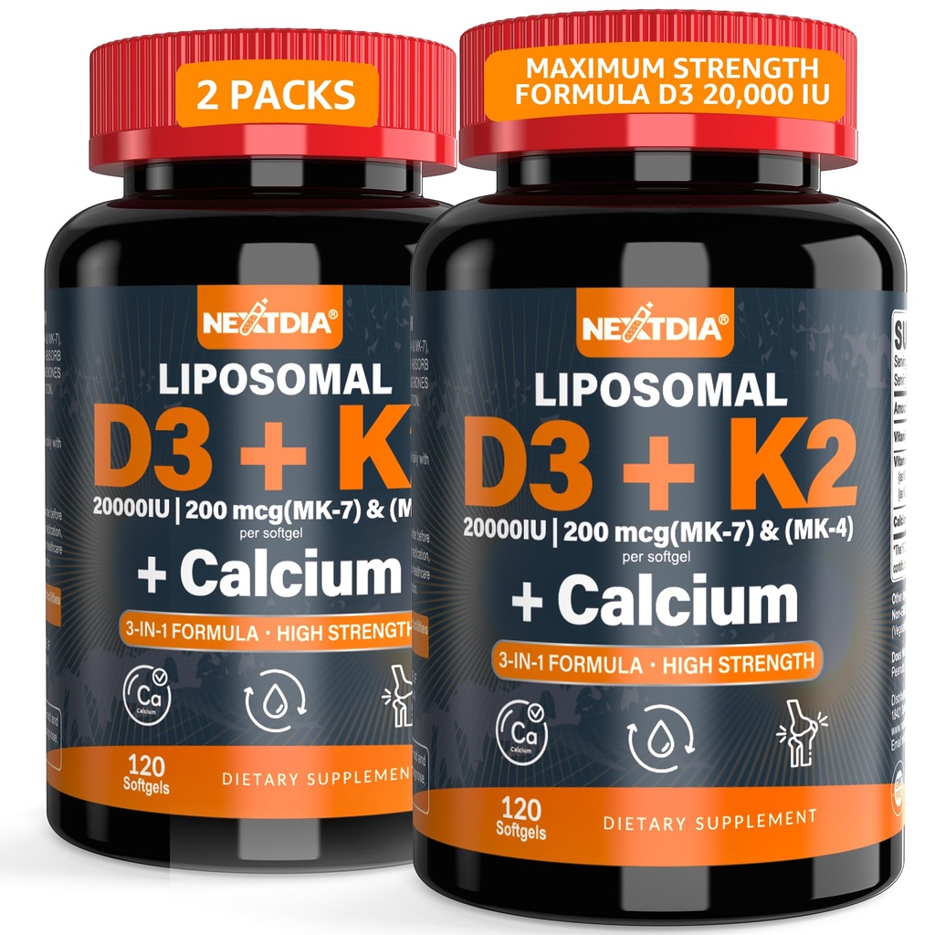 Vitamin D3 20,000 IU + K2 Vitamin (MK4 & MK7) 200mcg + Citrát vápenatý, Optimální vitamin D3 K2 Softgel - Silná kost a svalovina, absorpce vápníku, Napomáhání deficitu vitaminu D, Snadné spolknutí, 2Pack