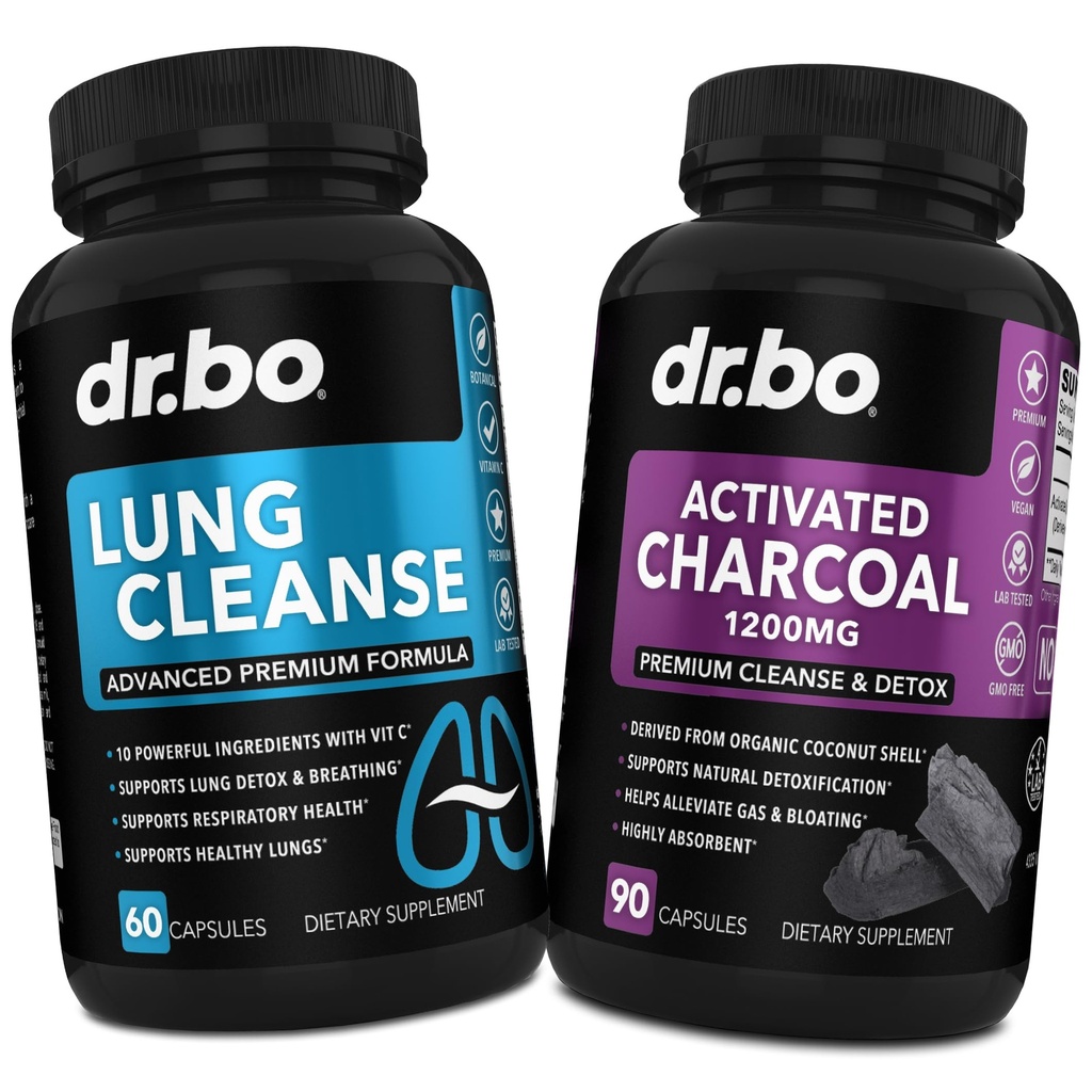Lung Cleanse & Activated Charcoal Kapsle - Respirační doplňky & Organic Cococonut Charcoal Pills for Stomach Gas and Bloating Support - Bylinné detox pro plíce, Bronchial Health & Gut