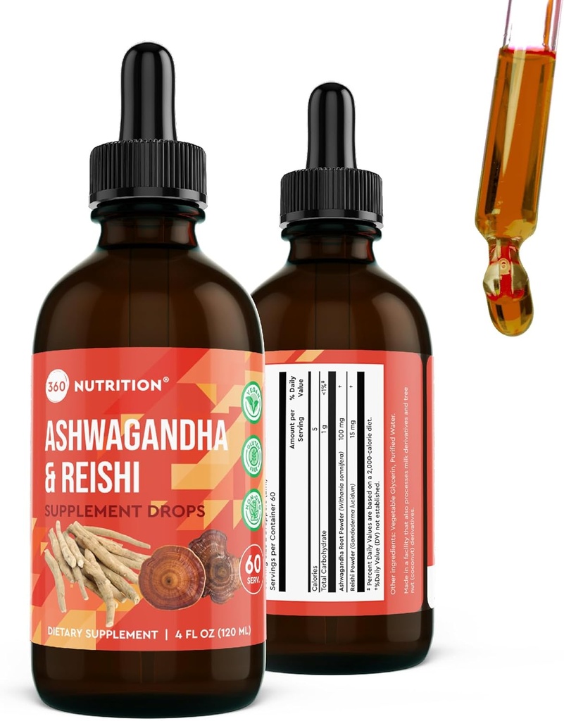 360 Nutrition Ashwagandha & Reishi Root Downs for Stress Relief, Stamina & Longevity, and Energy Support - Vegan Non-GMO Adaptogenic - 4 fl oz, 60 Servings
