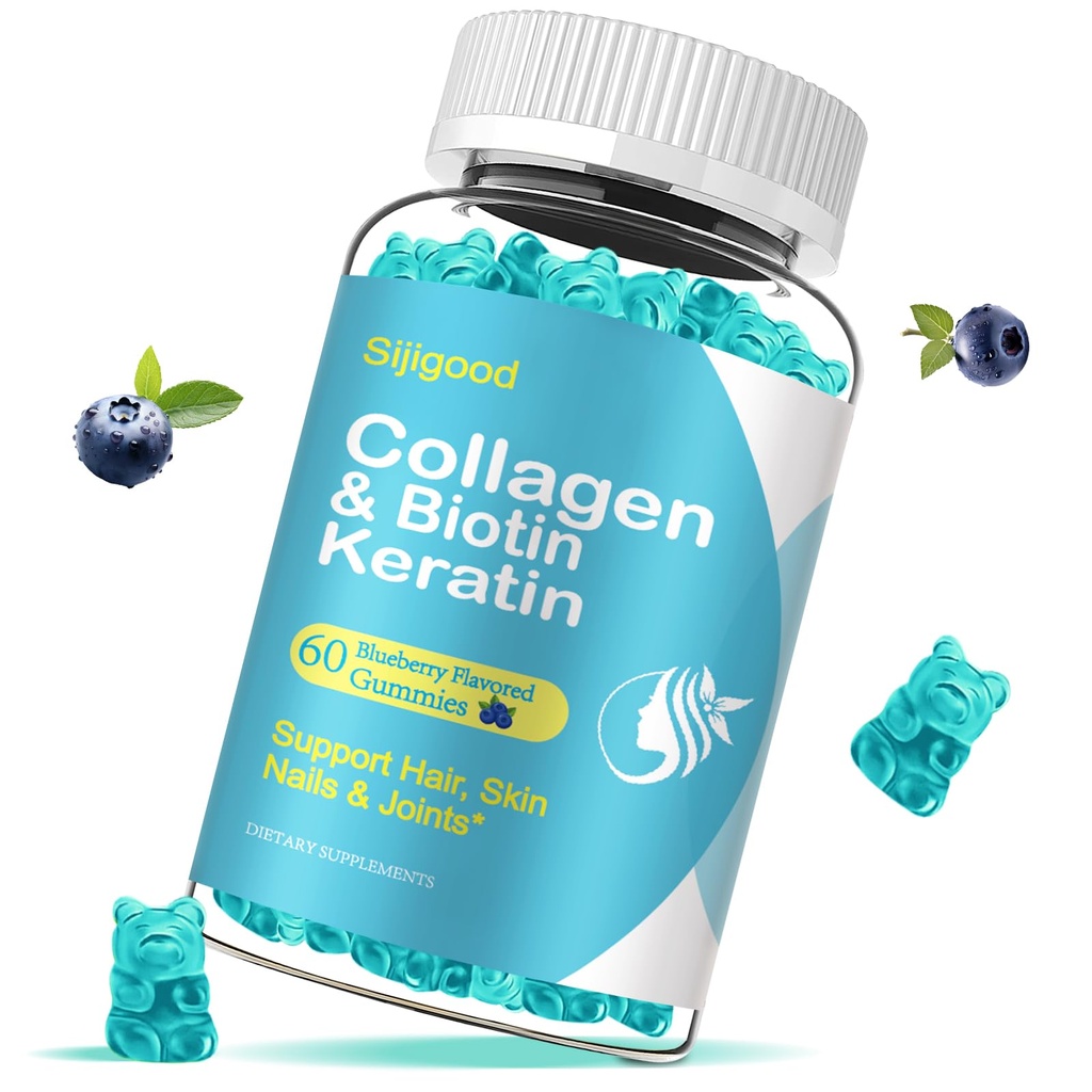 Biotin Gummies s kolagen, keratin, Hyaluronic acid, Vitamin pro kůži, růst vlasů, hřebíky, Ženy Muži Dospělí Děti - 60 Borůvkové ochucené gumy