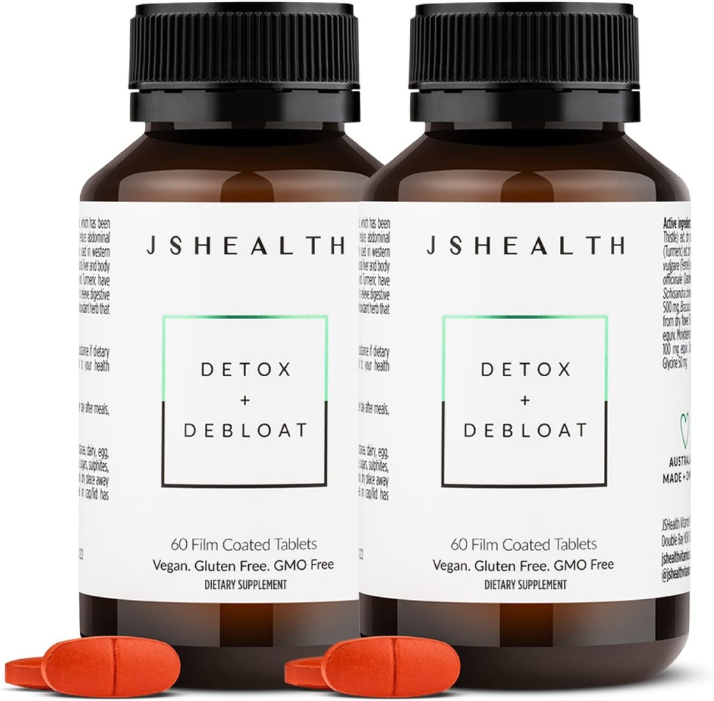 JSHealth Vitamíny Detox a Debloat Játra Zdraví Formule 124; Játra Detox pilulky 124; Defloating Formule s mléčným bodlákem, kurkuma, fenykl 124; Játra čistící dodatek (60 tablet, balení po 2)