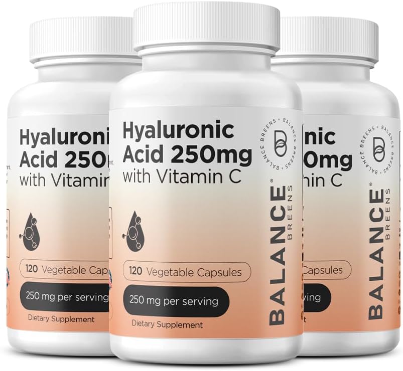 Čistá hyaluronová kyselina doplněk 250mg s vitaminem C 50mg, 120 Vegan Kapsle - Hydratace kůže pro přírodní lesk, vlasy, nehty, kost a společné zdraví Formule