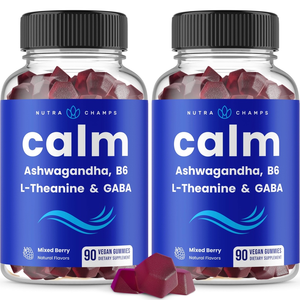 NutraChamps Calm Gummies, Stress Gummies dodatek s Ashwagandha, L-Theanine, GABA, Vitamin B6 & Lemon Balzám, 90 Gummies (balení po 2)