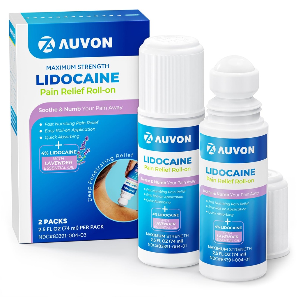 AUVON Max Strength Lidokain Pain Relief Roll- On with Lavender Essential Oil, No Mess Applicator, Quick Absorbing to Numb & Soothe Pain Relief for Knees, Shoulders, FSA / HSA Requirement, 2.5 OZ, 2 Packs